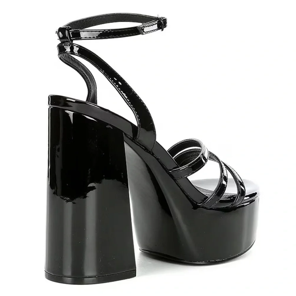 NEW Chelsea & Violet Debbie Patent Ankle Strap Platform Dress Sandals in Black